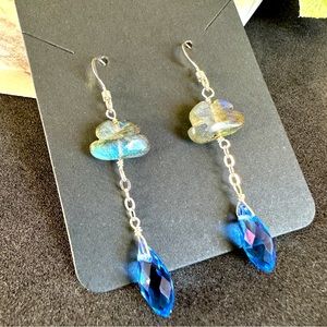 Labradorite Cloud Earrings, Sterling Silver Swarovski Crystal Rain drops